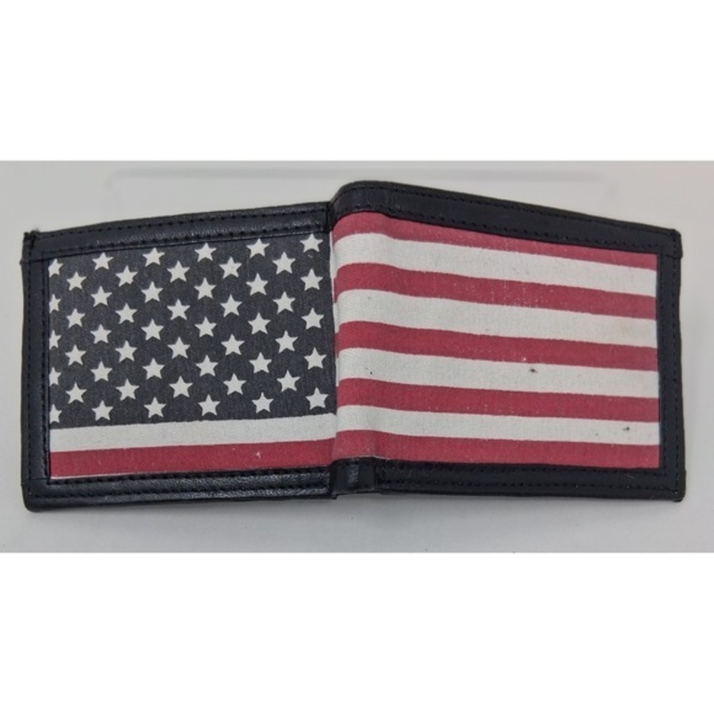 American Flag Bifold Wallet Black Leather Trim Canvas Stars Stripes Americana